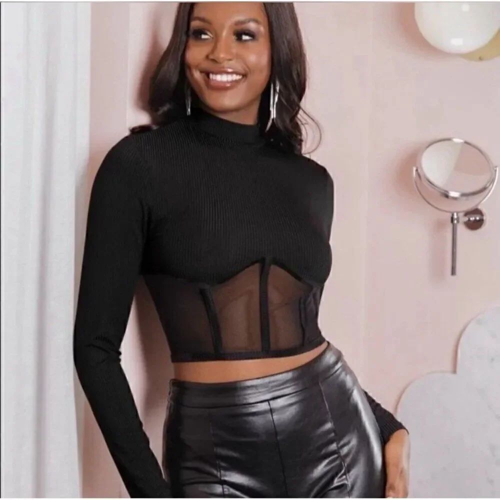 shein womens solid black sheer crop mock neck long sleeve top Small